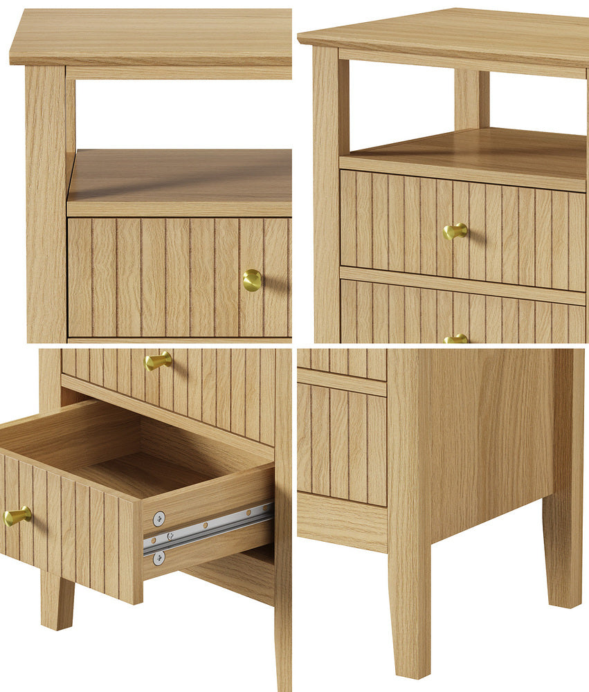 Oikiture Bedside Table 2 Drawers Open Shelf Nightstand Natural-Bedside Tables-PEROZ Accessories