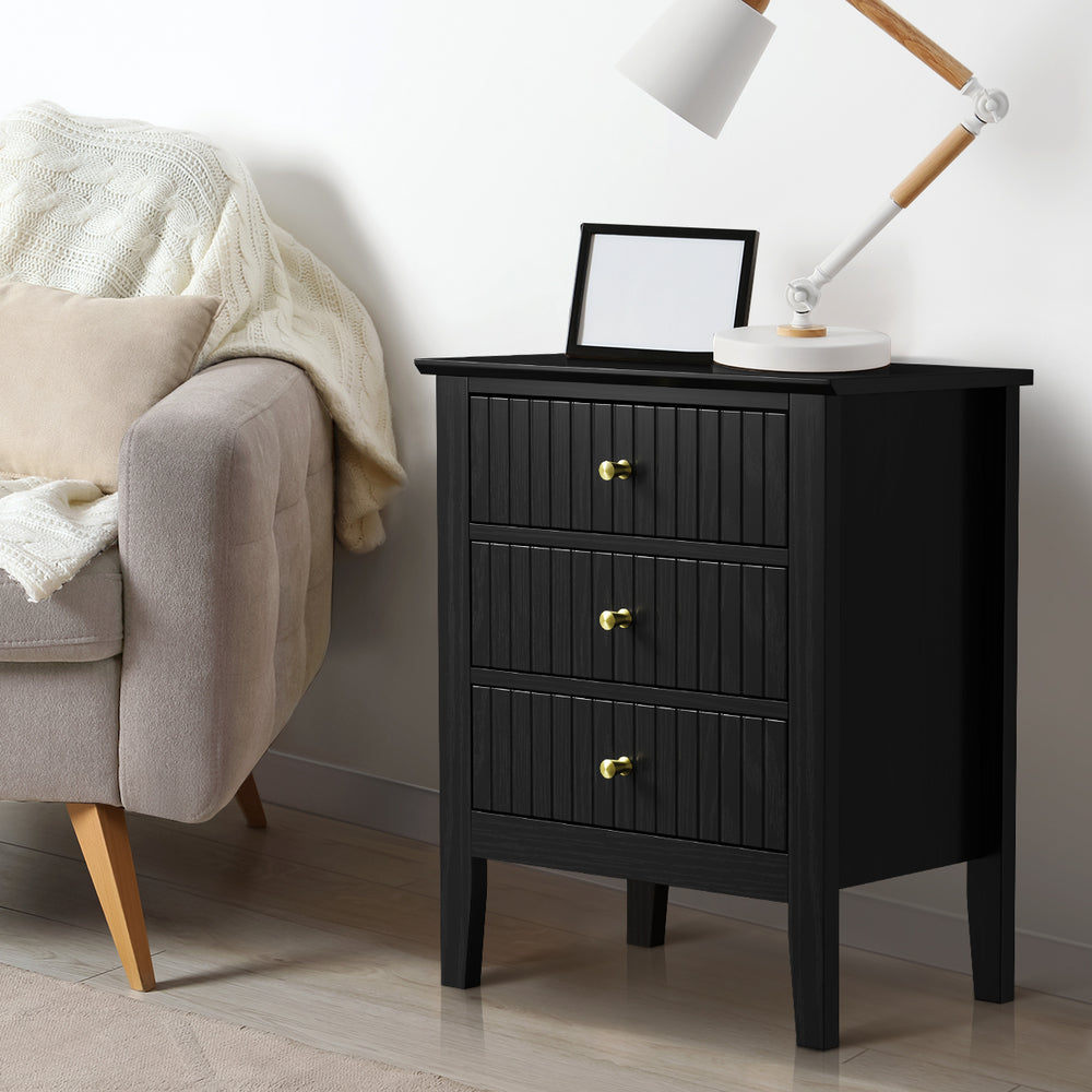 Oikiture Bedside Table 3 Drawers Side End Nightstand Black-Bedside Table-PEROZ Accessories