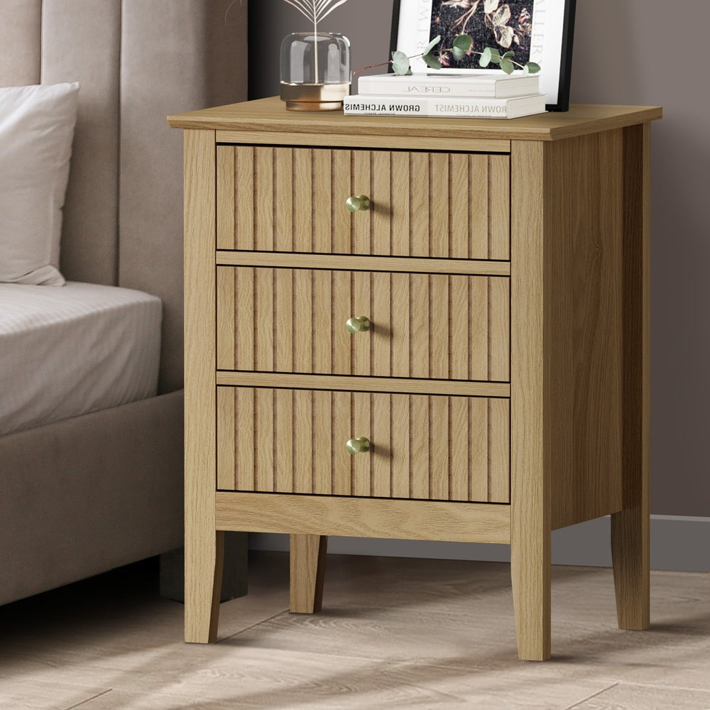 Oikiture Bedside Table 3 Drawers Side End Nightstand Natural-Bedside Table-PEROZ Accessories