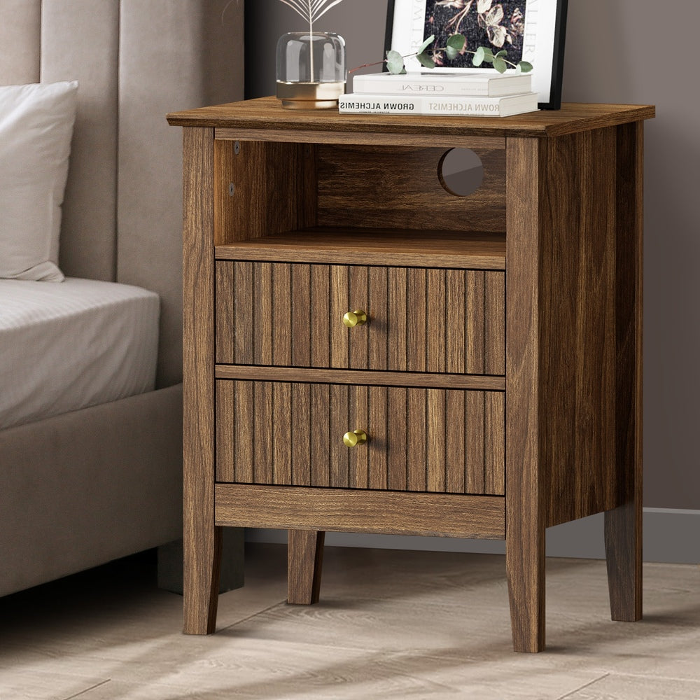 Oikiture Bedside Table Nightstand 2 Drawer with Storage Cabinet Walnut-Bedside Table-PEROZ Accessories