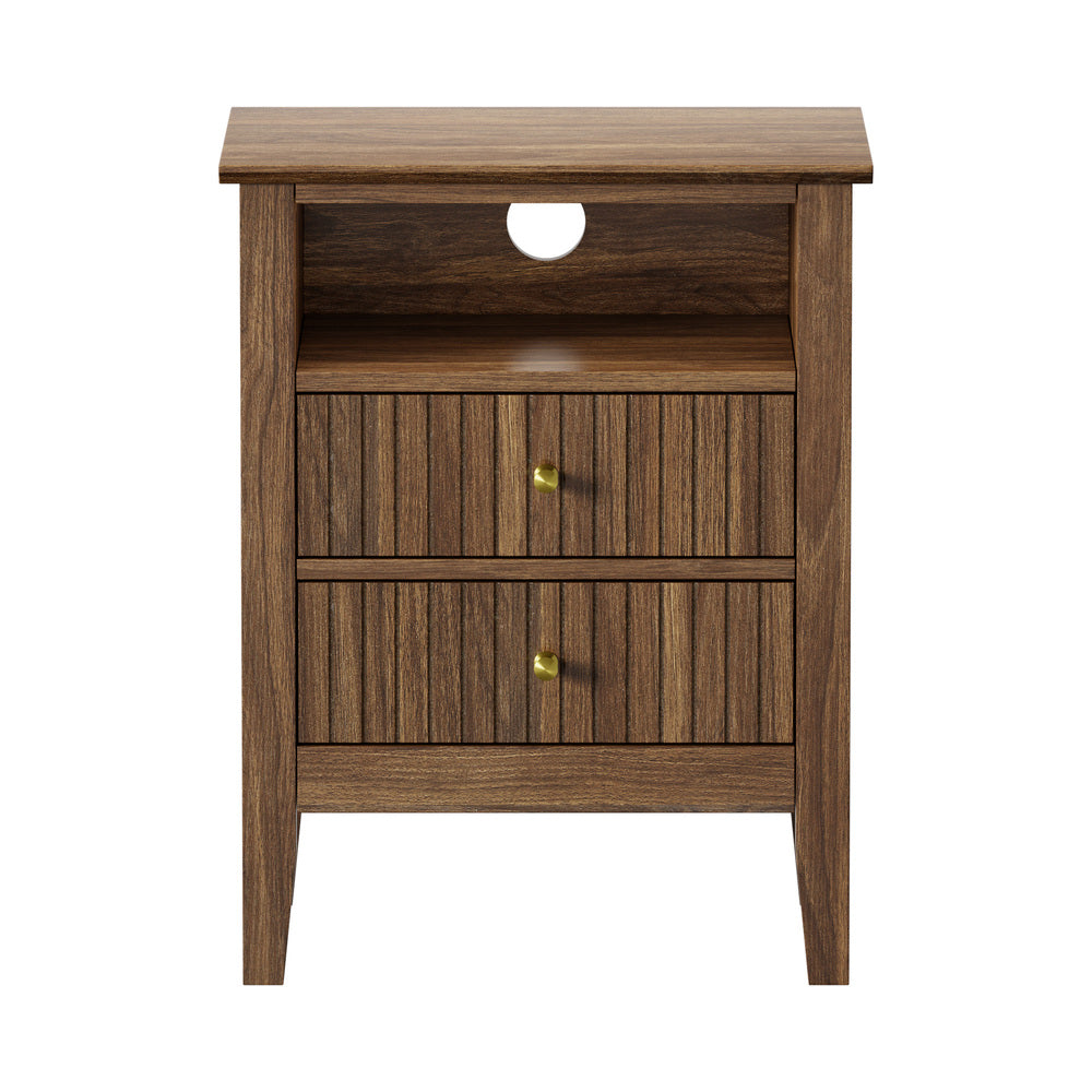 Oikiture Bedside Table Nightstand 2 Drawer with Storage Cabinet Walnut-Bedside Table-PEROZ Accessories