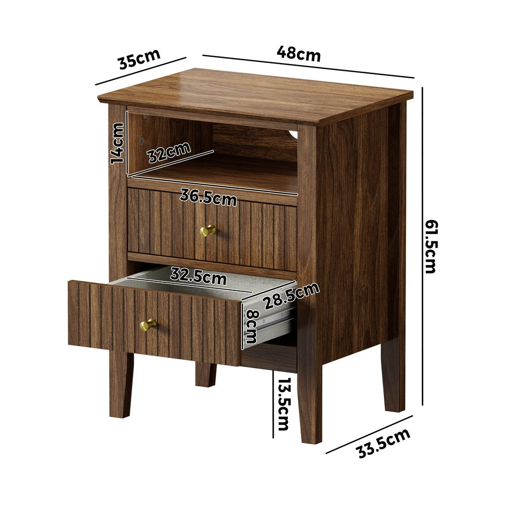 Oikiture Bedside Table Nightstand 2 Drawer with Storage Cabinet Walnut-Bedside Table-PEROZ Accessories