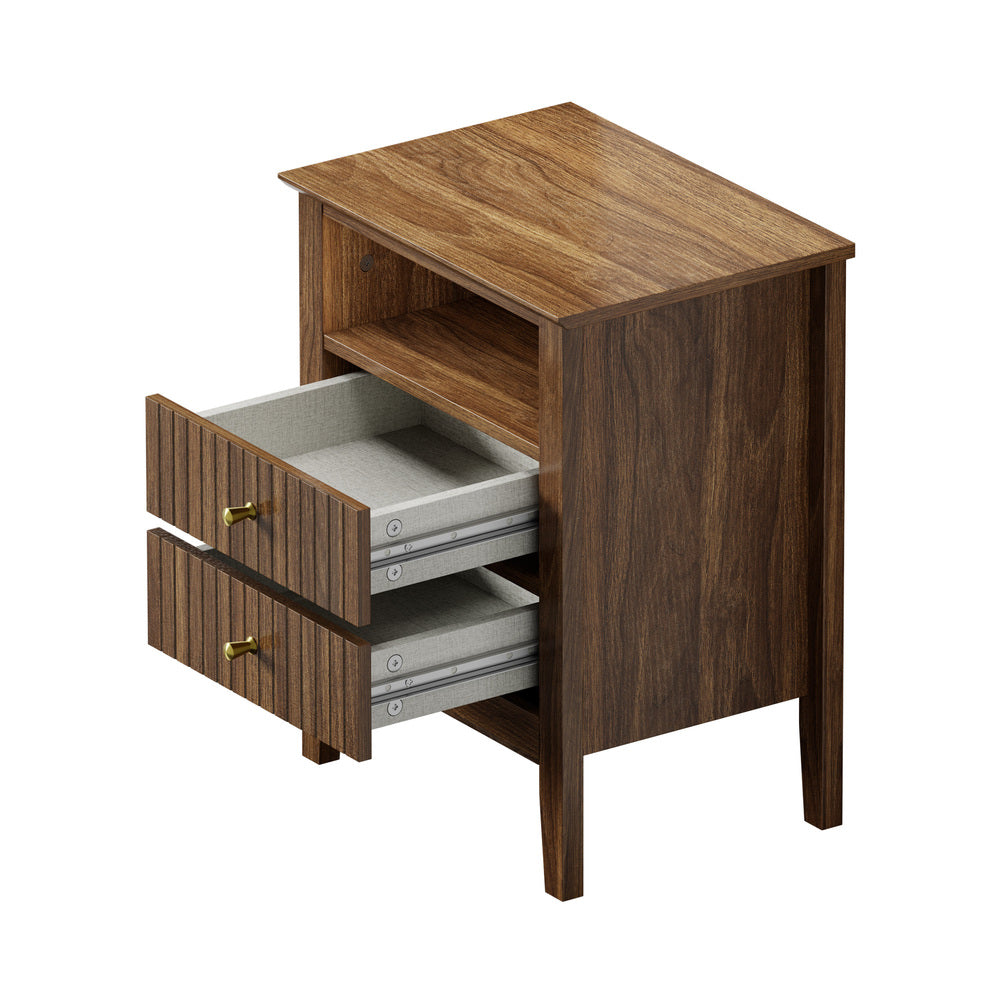 Oikiture Bedside Table Nightstand 2 Drawer with Storage Cabinet Walnut-Bedside Table-PEROZ Accessories