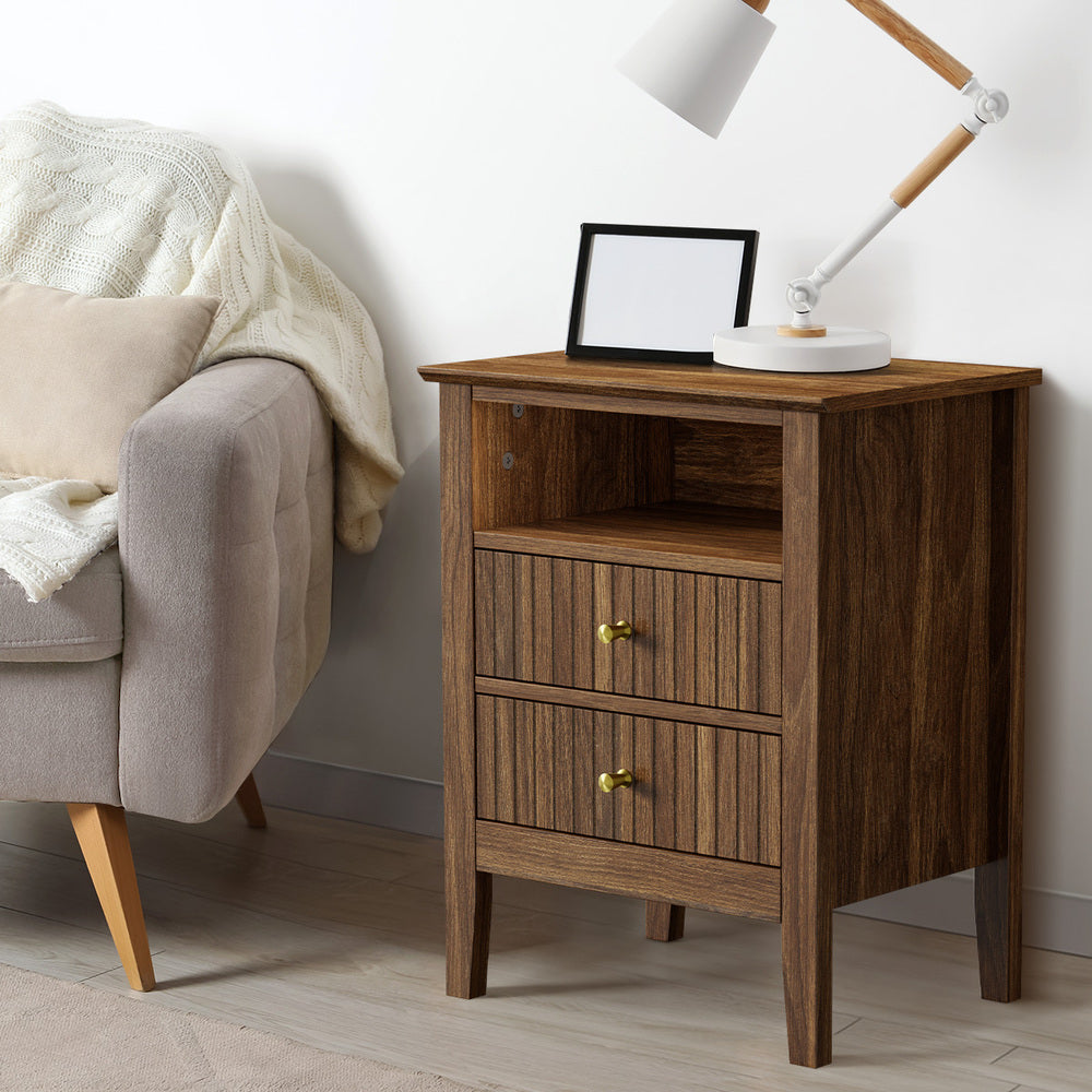 Oikiture Bedside Table Nightstand 2 Drawer with Storage Cabinet Walnut-Bedside Table-PEROZ Accessories