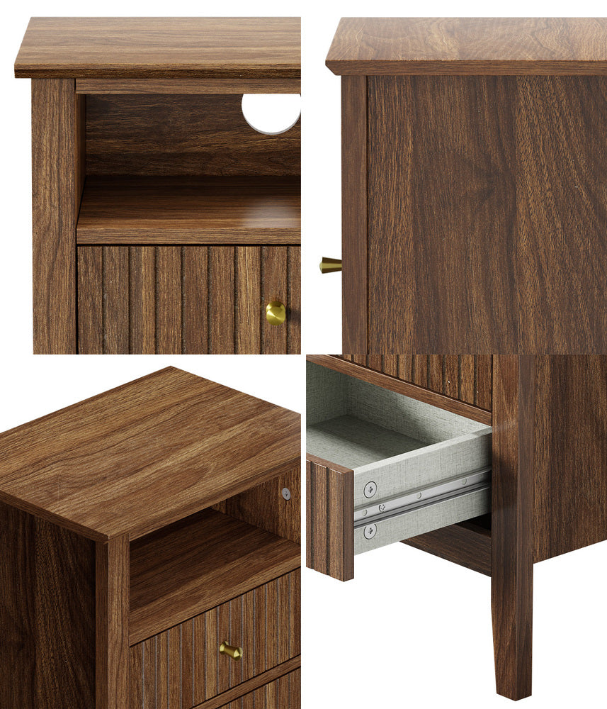 Oikiture Bedside Table Nightstand 2 Drawer with Storage Cabinet Walnut-Bedside Table-PEROZ Accessories