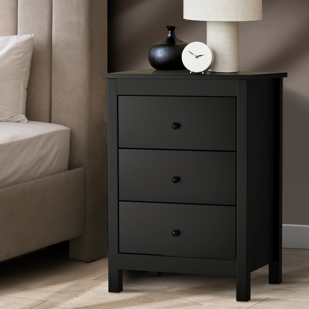 Oikiture Bedside Table 3 Drawers Hamptons Furniture Black-BedSide Tabless-PEROZ Accessories