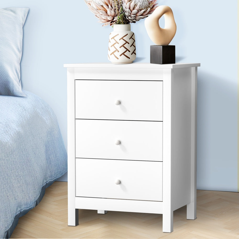 Oikiture Bedside Table 3 Drawers Hamptons Furniture White-BedSide Tabless-PEROZ Accessories