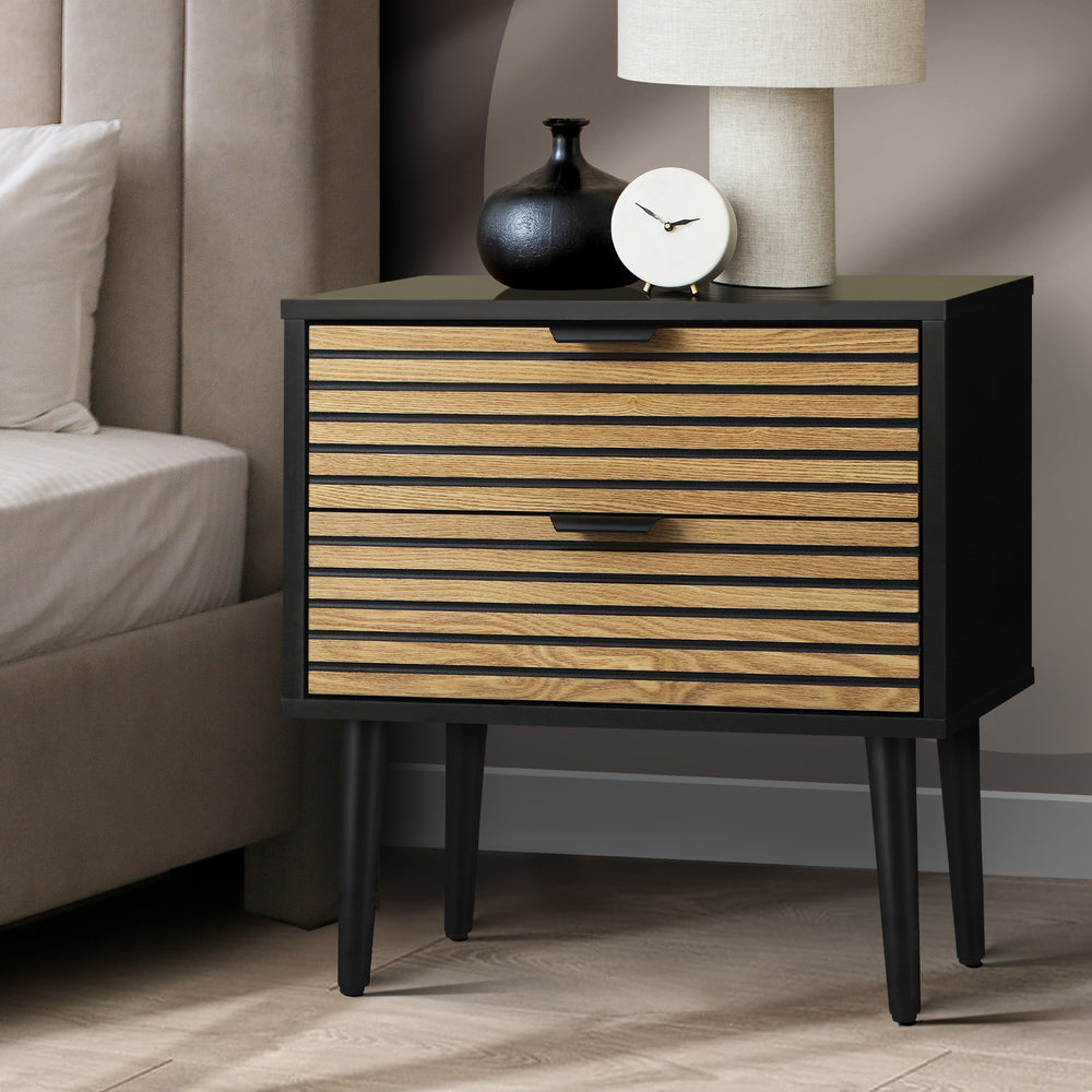 Oikiture Bedside Table 2 Drawers Side Table Bedroom Furniture Storage Unit Black-Bedside Tables-PEROZ Accessories