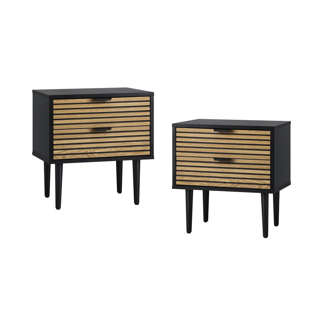 Oikiture 2PCS Bedside Table 2 Drawers Black&Wooden-BedSide Tabless-PEROZ Accessories