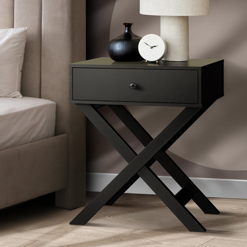 Oikiture Bedside Table with Wooden Frame and Cross Base Side Table Nightstand Black-Bedside Tables-PEROZ Accessories
