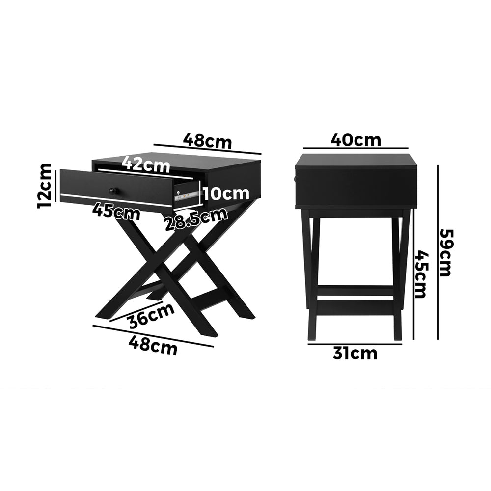 Oikiture Bedside Table with Wooden Frame and Cross Base Side Table Nightstand Black-Bedside Tables-PEROZ Accessories
