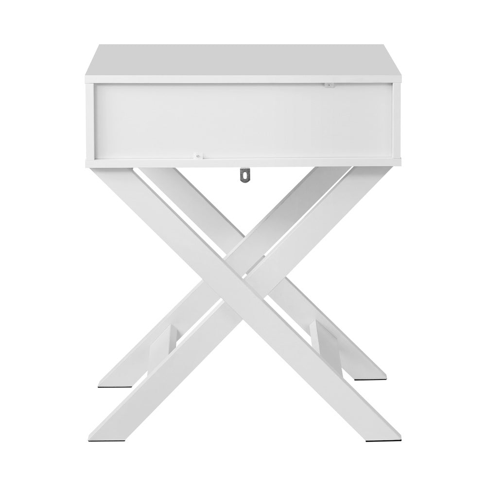 Oikiture Bedside Table with Wooden Frame and Cross Base Side Table Nightstand White-Bedside Tables-PEROZ Accessories