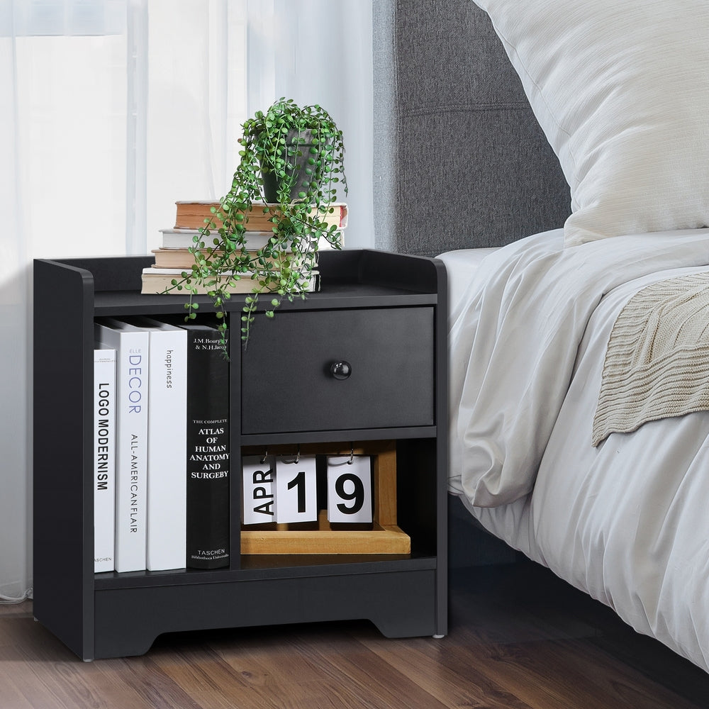 Oikiture Bedside Table with Drawer and Storage Space Side Table Nightstand Home Bedroom Furniture Black-Bedside Tables-PEROZ Accessories