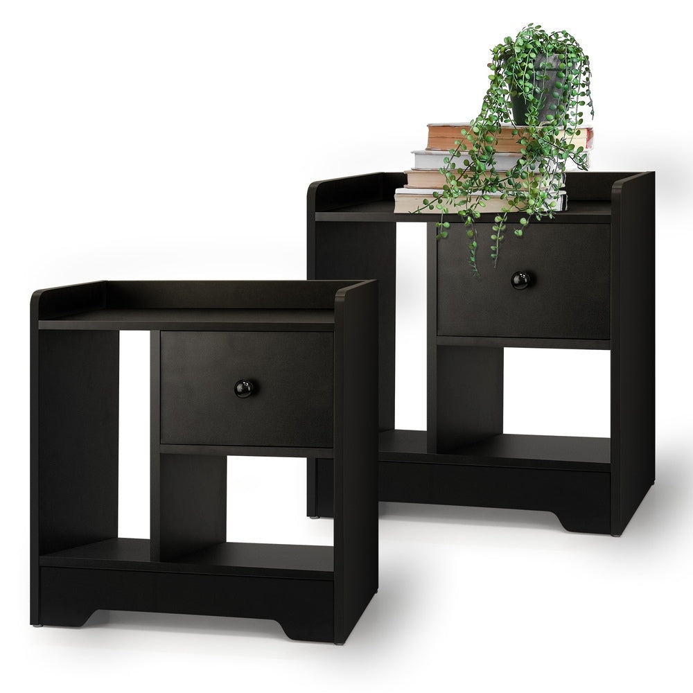 Oikiture Bedside Tables Set of 2 Nightstand Shelf Black-Bedside Table-PEROZ Accessories