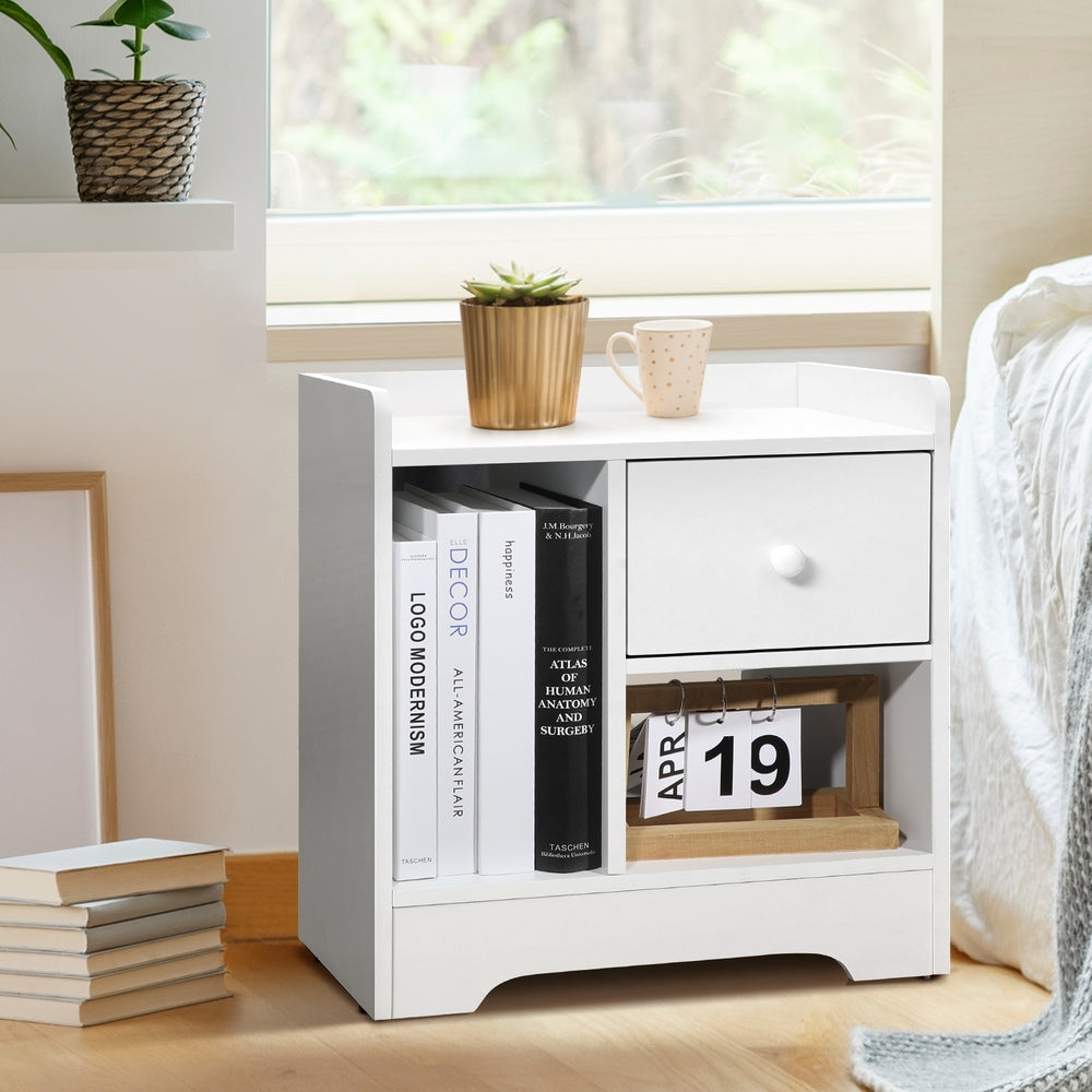 Oikiture Bedside Table with Drawer and Storage Space Side Table Nightstand Home Bedroom Furniture White-Bedside Tables-PEROZ Accessories
