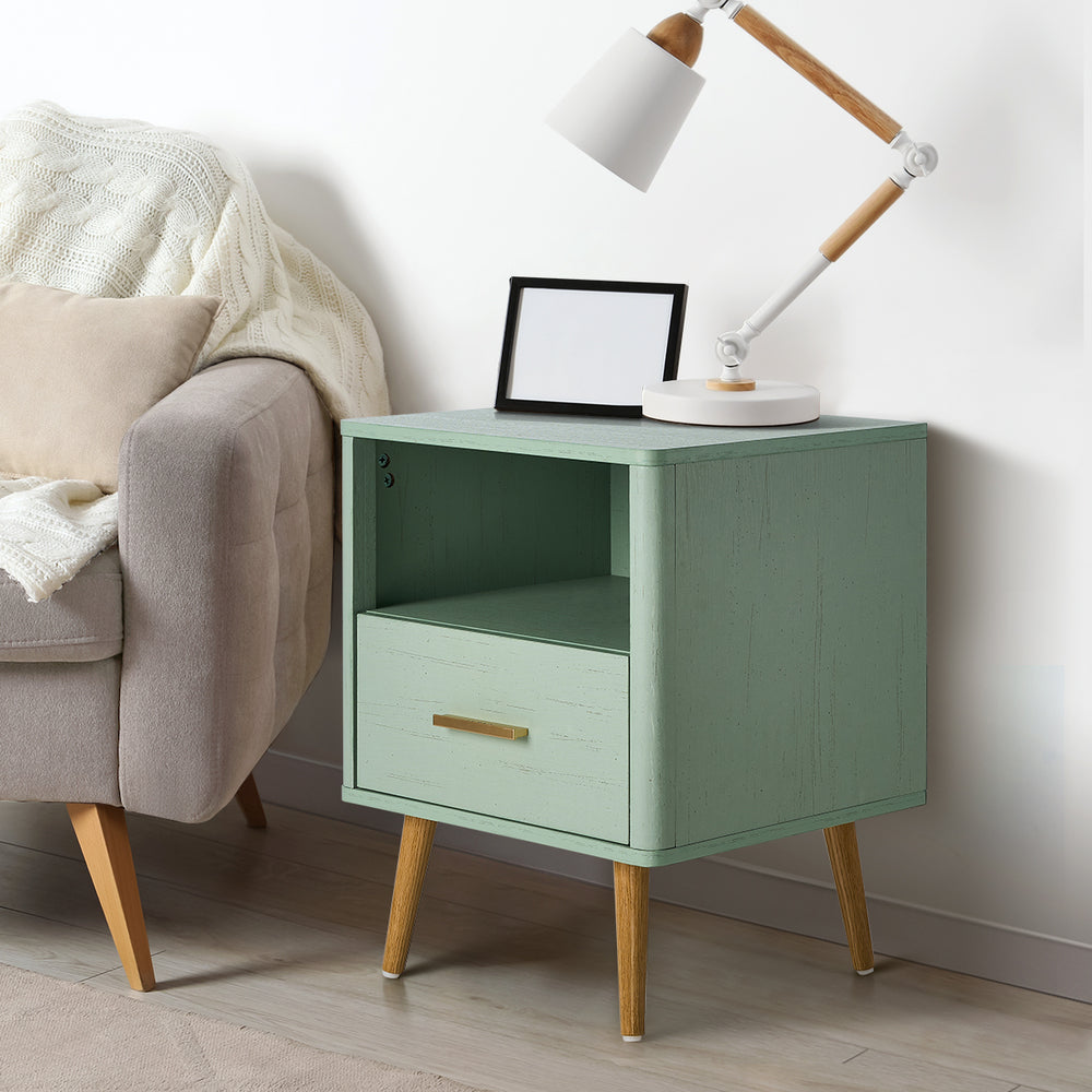 Oikiture Bedside Table 1 Drawer Open Shelf Nightstand Green-Bedside Tables-PEROZ Accessories
