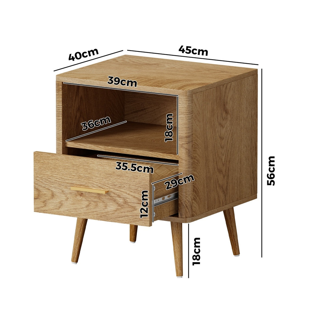 Oikiture Bedside Table 1 Drawer Open Shelf Nightstand Natural-Bedside Tables-PEROZ Accessories