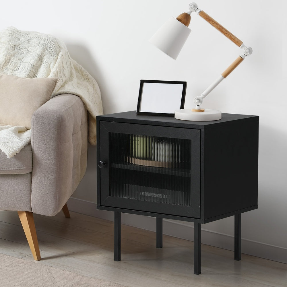 Oikiture 2X Bedside Tables Storage Cabinet Glass Door Black-BedSide Tabless-PEROZ Accessories