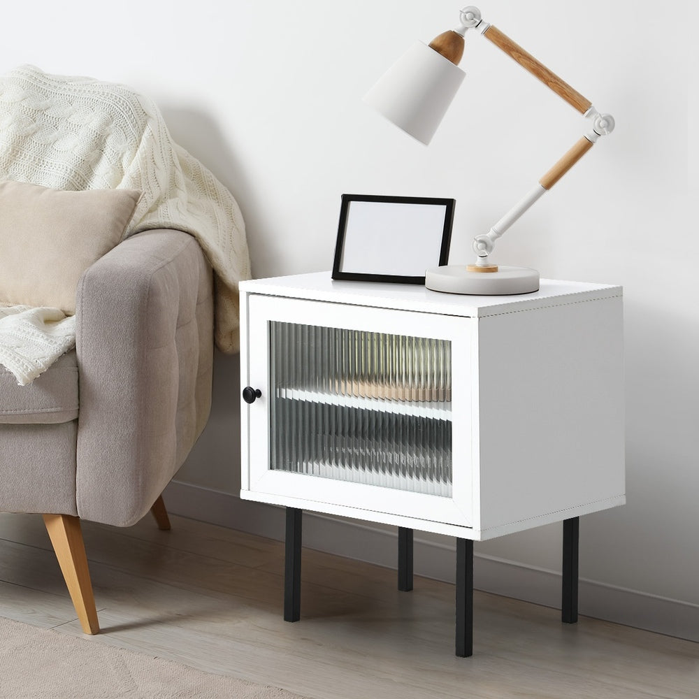 Oikiture 2X Bedside Tables Storage Cabinet Glass Door White-BedSide Tabless-PEROZ Accessories