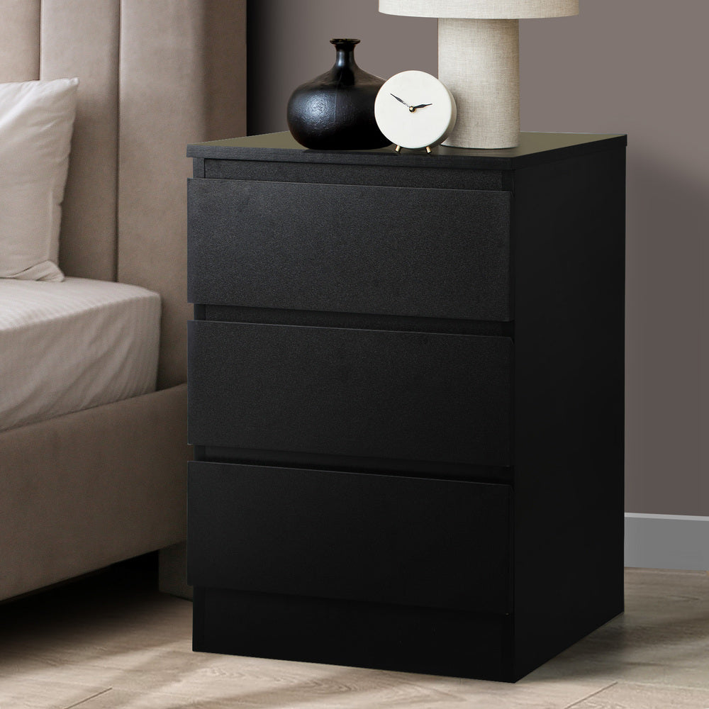 Oikiture Bedside Table 3 Drawers Storage Cabinet Black-Bedside Table-PEROZ Accessories