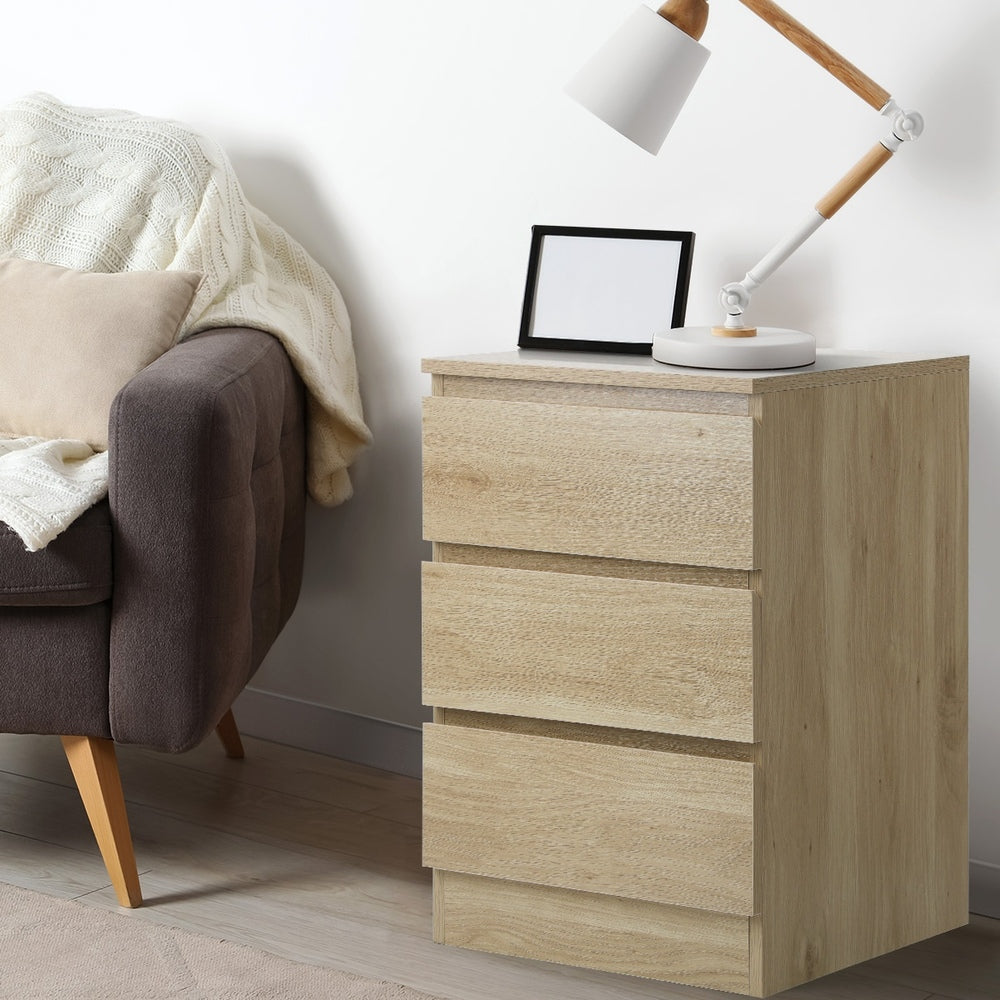 Oikiture Bedside Table 3 Drawers Storage Cabinet Natural-Bedside Table-PEROZ Accessories