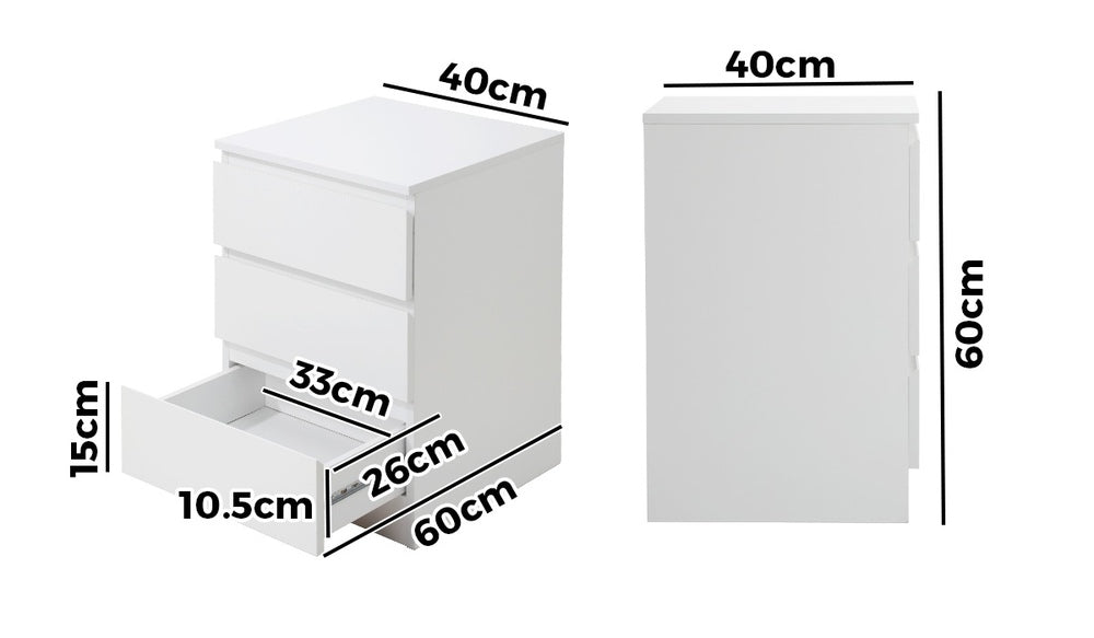 Oikiture Bedside Table 3 Drawers Storage Cabinet White-Bedside Table-PEROZ Accessories