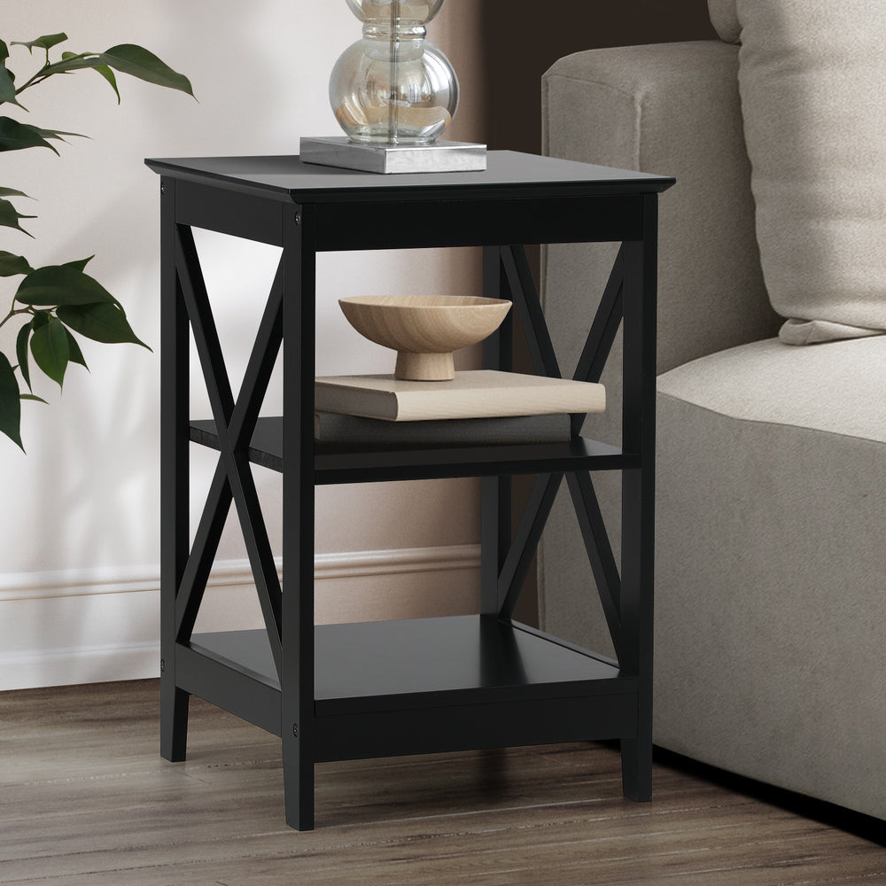 Oikiture Side Table 3-tier Shelf X-Structured Sides Black-Side Tables-PEROZ Accessories