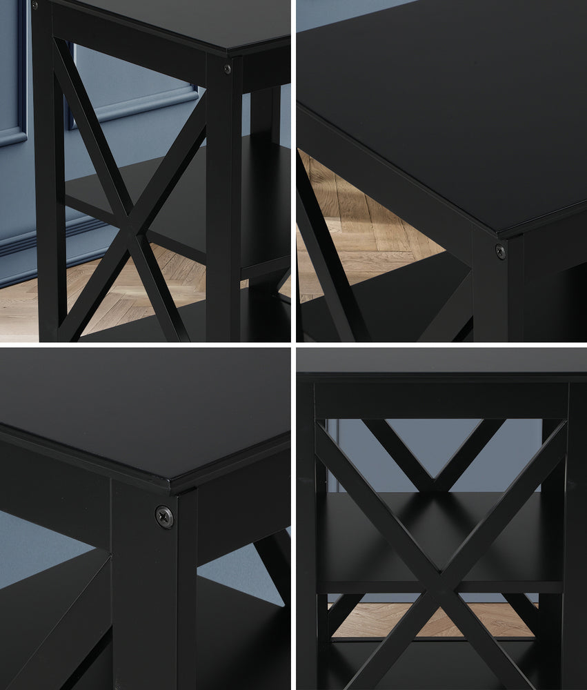 Oikiture Side Table 3-tier Shelf X-Structured Sides Black-Side Tables-PEROZ Accessories