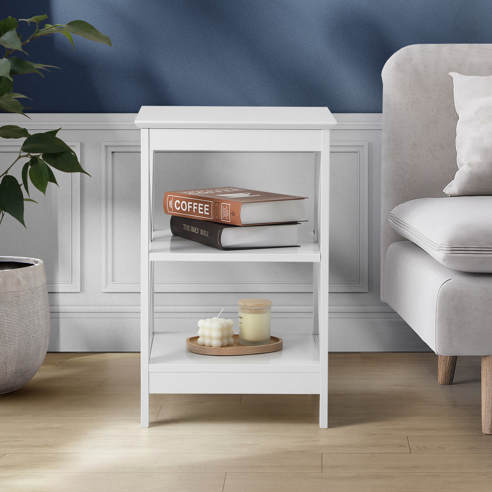 Oikiture Side Table 3-tier Shelf X-Structured Sides White-Side Tables-PEROZ Accessories
