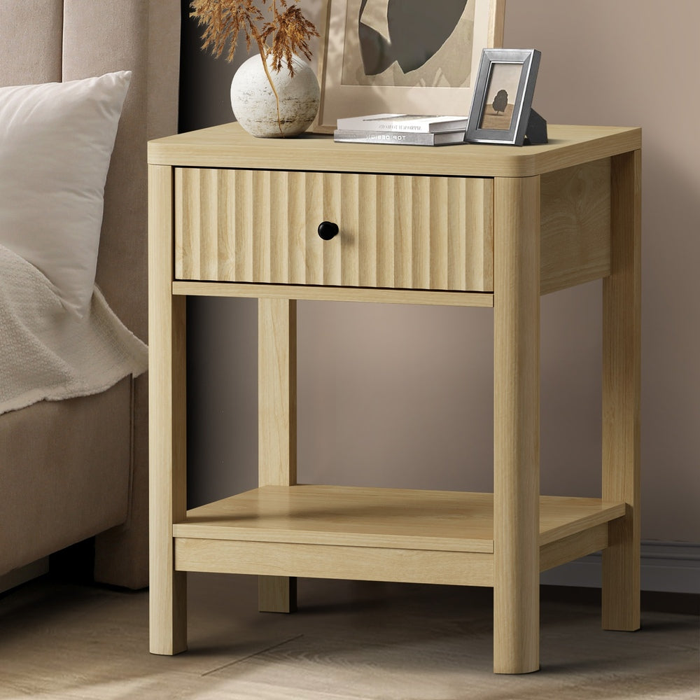 Oikiture Bedside Table 1 Drawer Open Shelf Side End Table Natural-Bedside Table-PEROZ Accessories