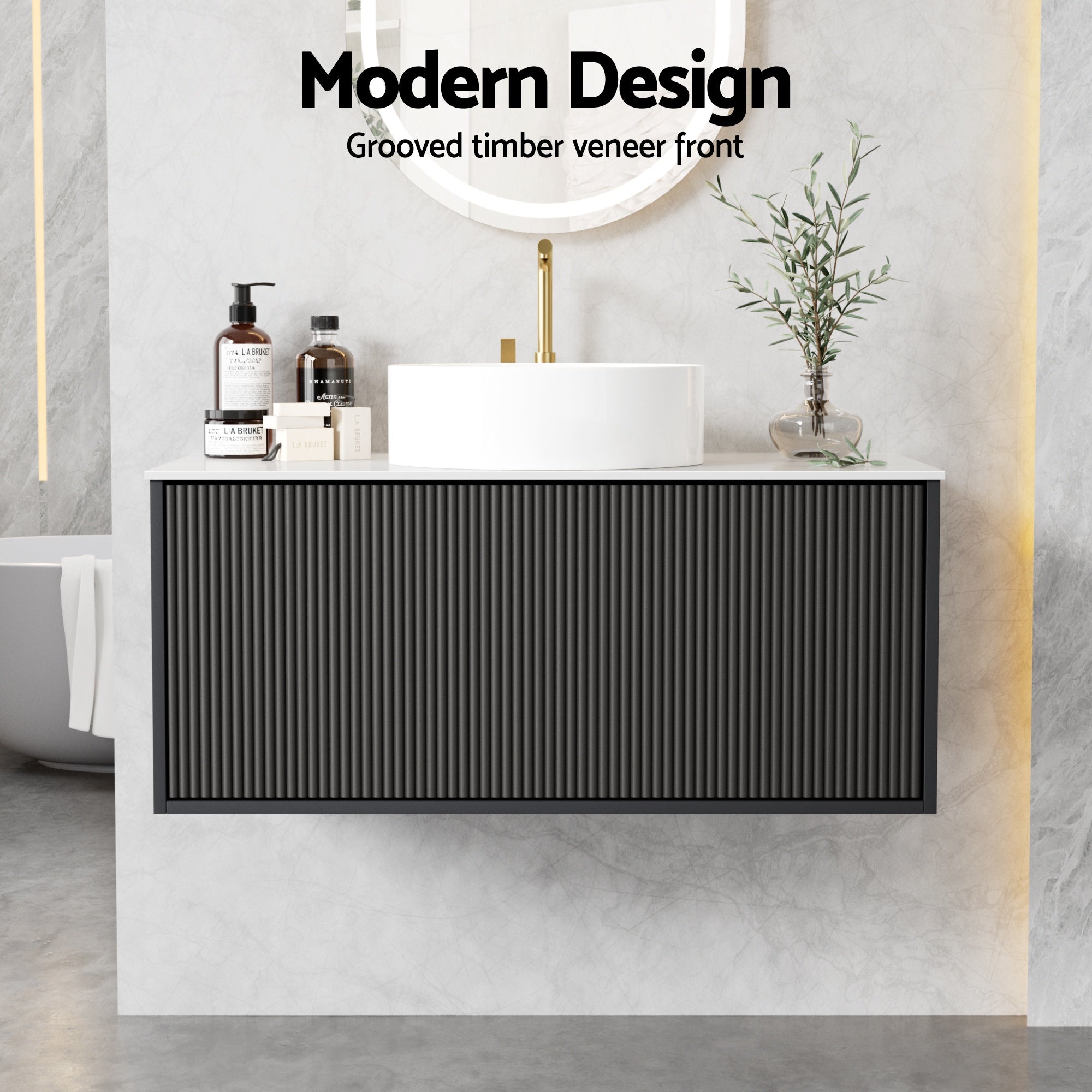 Cefito Vanity Unit 900mm Bathroom Cabinet Storage Wall Hung Grooved Timber Black-Furniture > Bathroom > Vanity Units-PEROZ Accessories