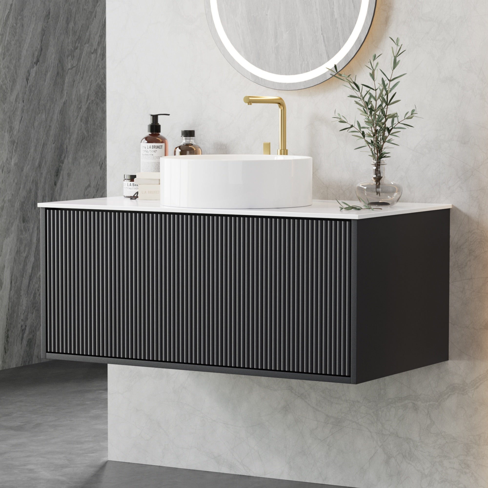 Cefito Vanity Unit 900mm Bathroom Cabinet Storage Wall Hung Grooved Timber Black-Furniture > Bathroom > Vanity Units-PEROZ Accessories