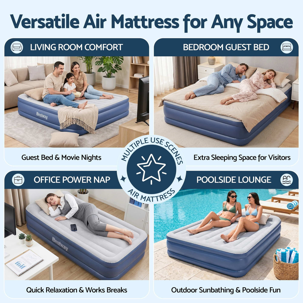 Bestway Air Mattress Queen Inflatable Bed 46cm Airbed Blue-Home & Garden > Inflatable Mattress-PEROZ Accessories