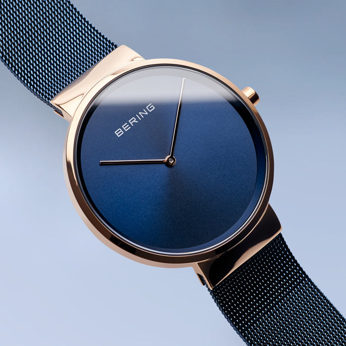 Bering Classic Polished Rose Gold 39mm Blue Mesh Watch-PEROZ Accessories