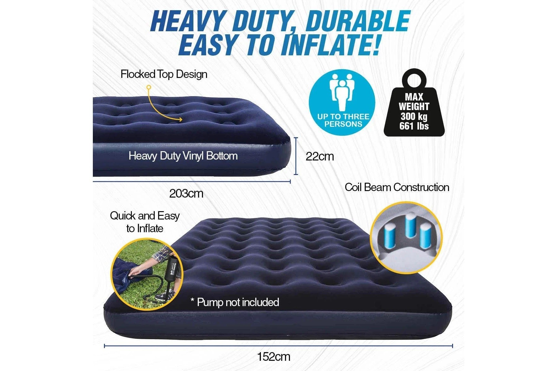 Bestway 2.03m x 1.52m x 22cm Air Mattress Queen Inflatable Air Bed Indoor/Outdoor Heavy Duty Durable Camping-Outdoor Recreation > Camping > Inflatable Mattresses-PEROZ Accessories