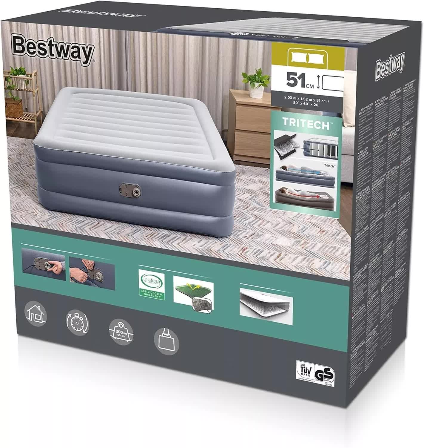 Bestway 2.03m x 1.52m x 51cm Tritech Air Inflatable Mattress Queen Built-in AC Pump-Outdoor Recreation > Camping > Inflatable Mattresses-PEROZ Accessories