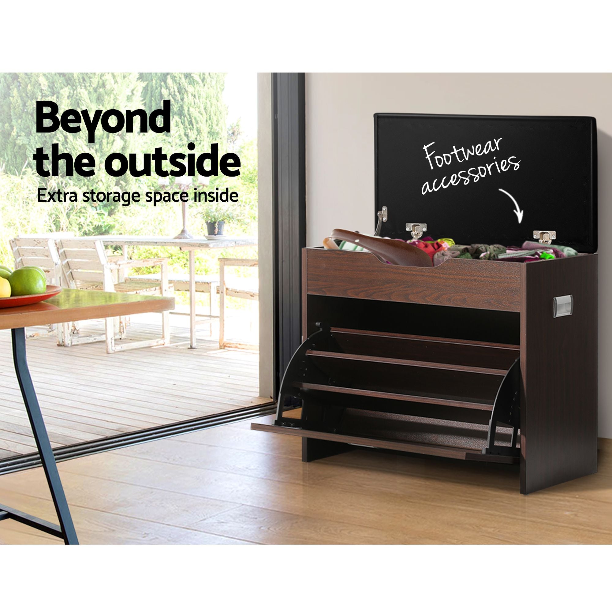 Artiss 2x Shoe Bench Set Flip Drawer Walnut-Furniture > Living Room > Shoe Storage-PEROZ Accessories