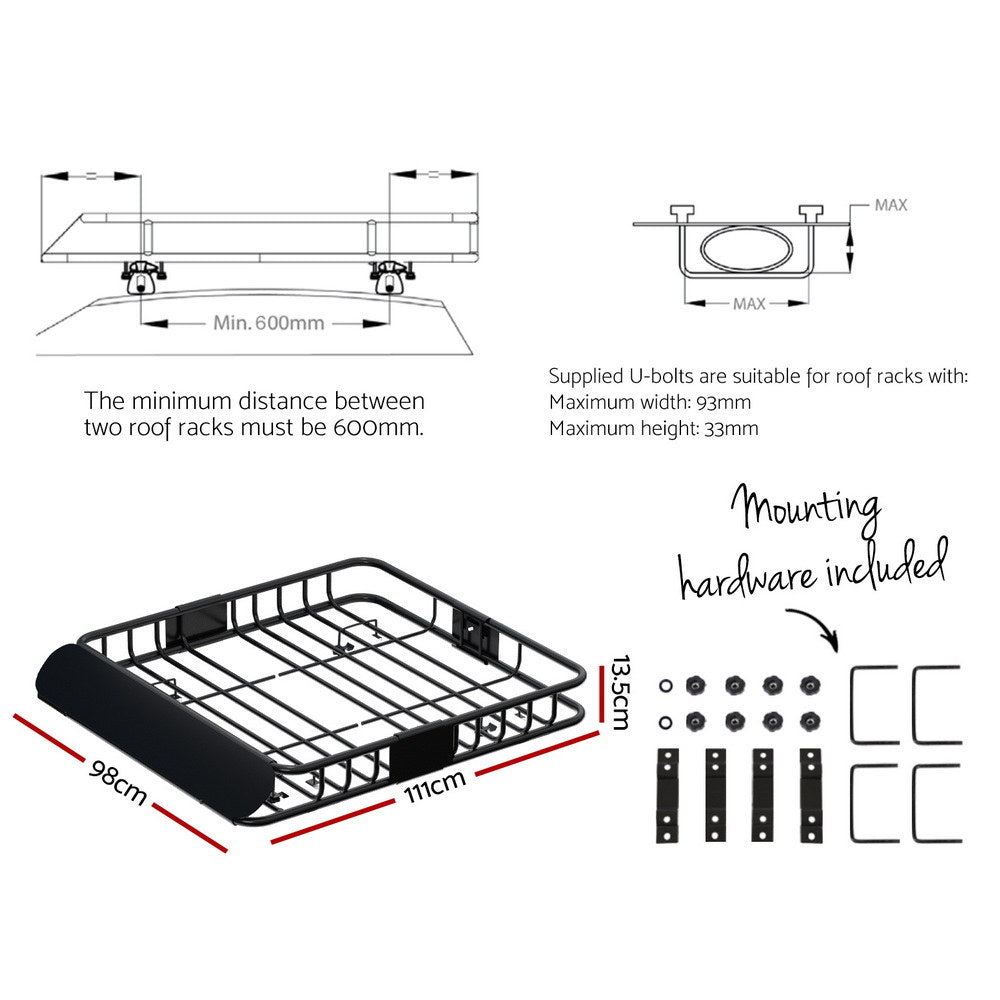 Giantz Universal Car Roof Rack Basket Luggage Vehicle Cargo Carrier 111cm Black-Auto Accessories > Auto Accessories Others > Cross Bar-PEROZ Accessories
