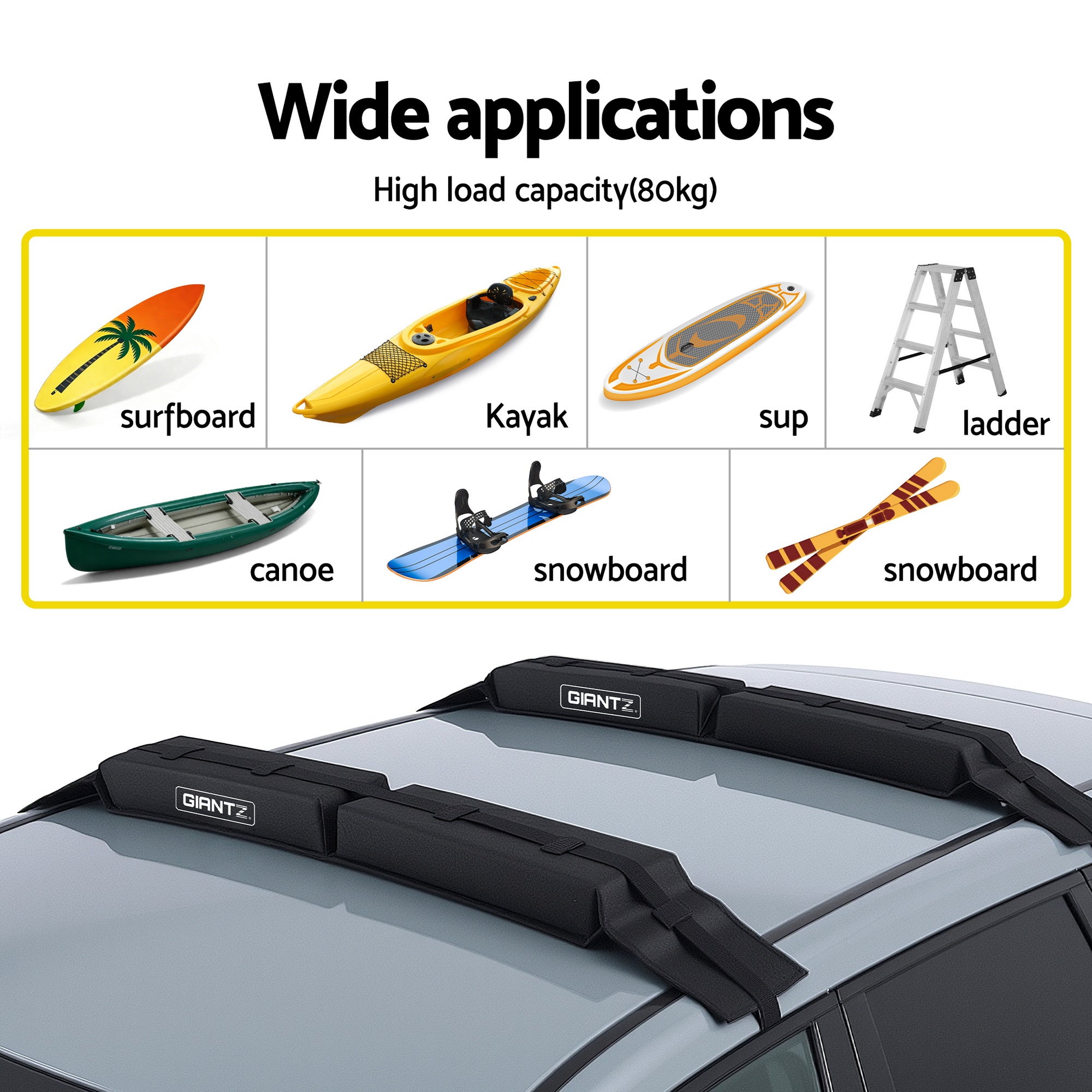 GIANTZ Kayak Roof Rack for Car, Universal Soft Roof Rack Pads for Surfboard SUP Canoe, Roof Bars for SUV Sedan without Side Rails, Portable Cross Bars with 4.5m Tie Down Straps & Ropes, 80kg Capacity-Auto Accessories > Auto Accessories Others > Cross Bar-PEROZ Accessories