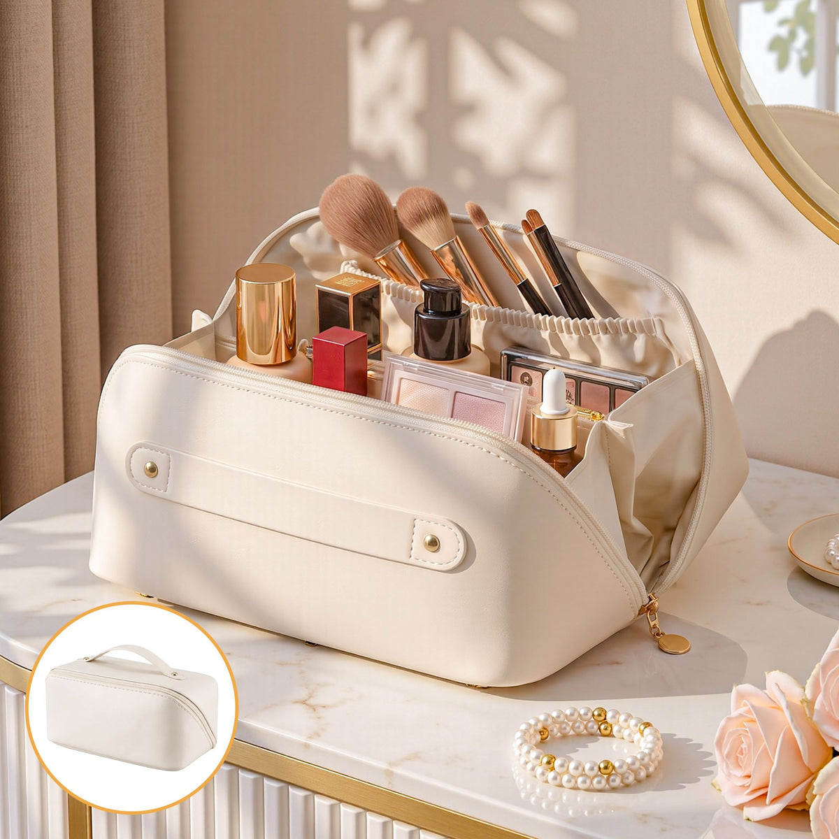 Embellir Makeup Case Portable Cosmetic Bag Organiser Toiletry Travel Bag PU White-Health & Beauty > Cosmetic Storage > Cosmetic & Toiletry Bags-PEROZ Accessories