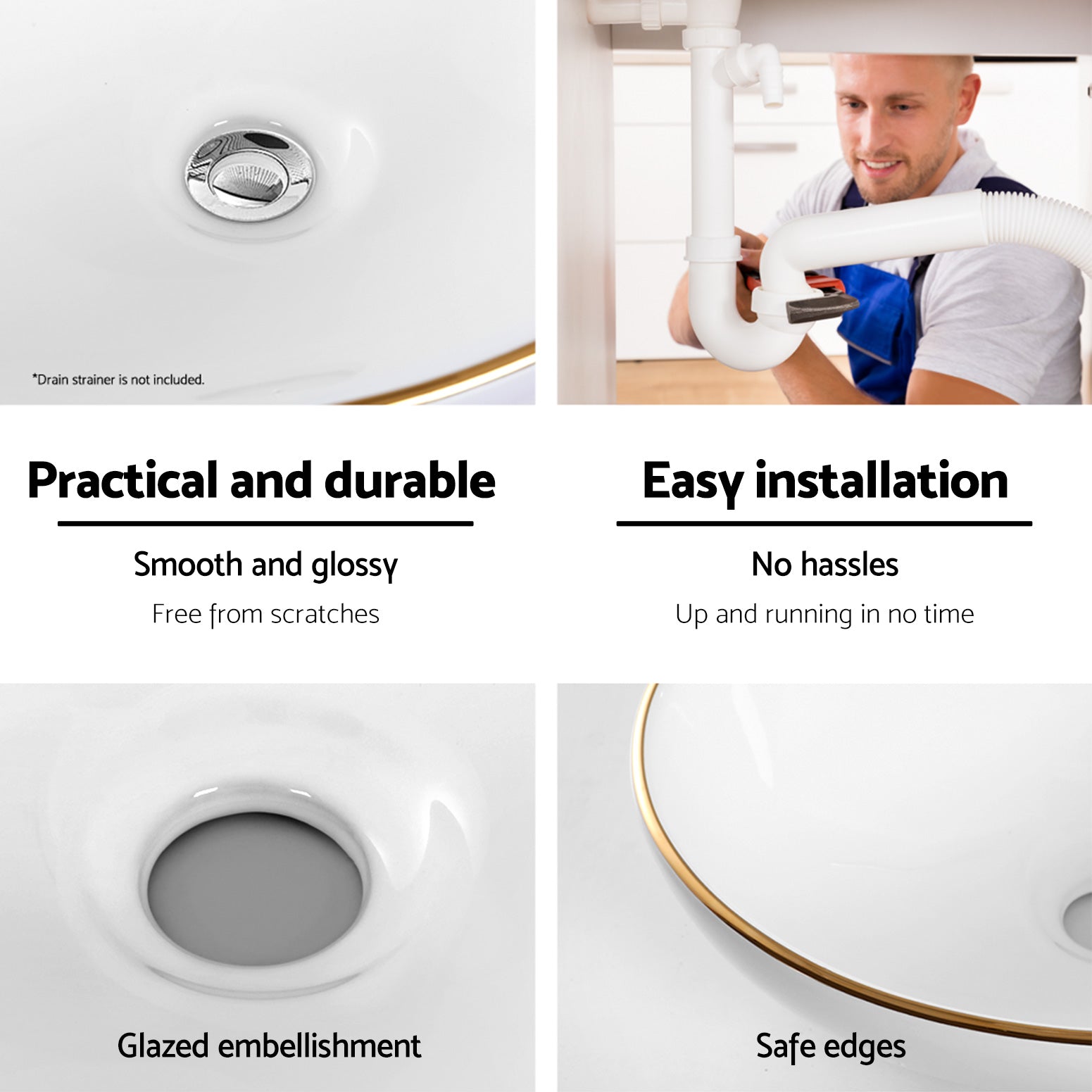 Cefito Bathroom Basin Ceramic Vanity Sink Hand Wash Bowl Gold Line 41x34cm-Furniture > Bathroom > Sinks-PEROZ Accessories