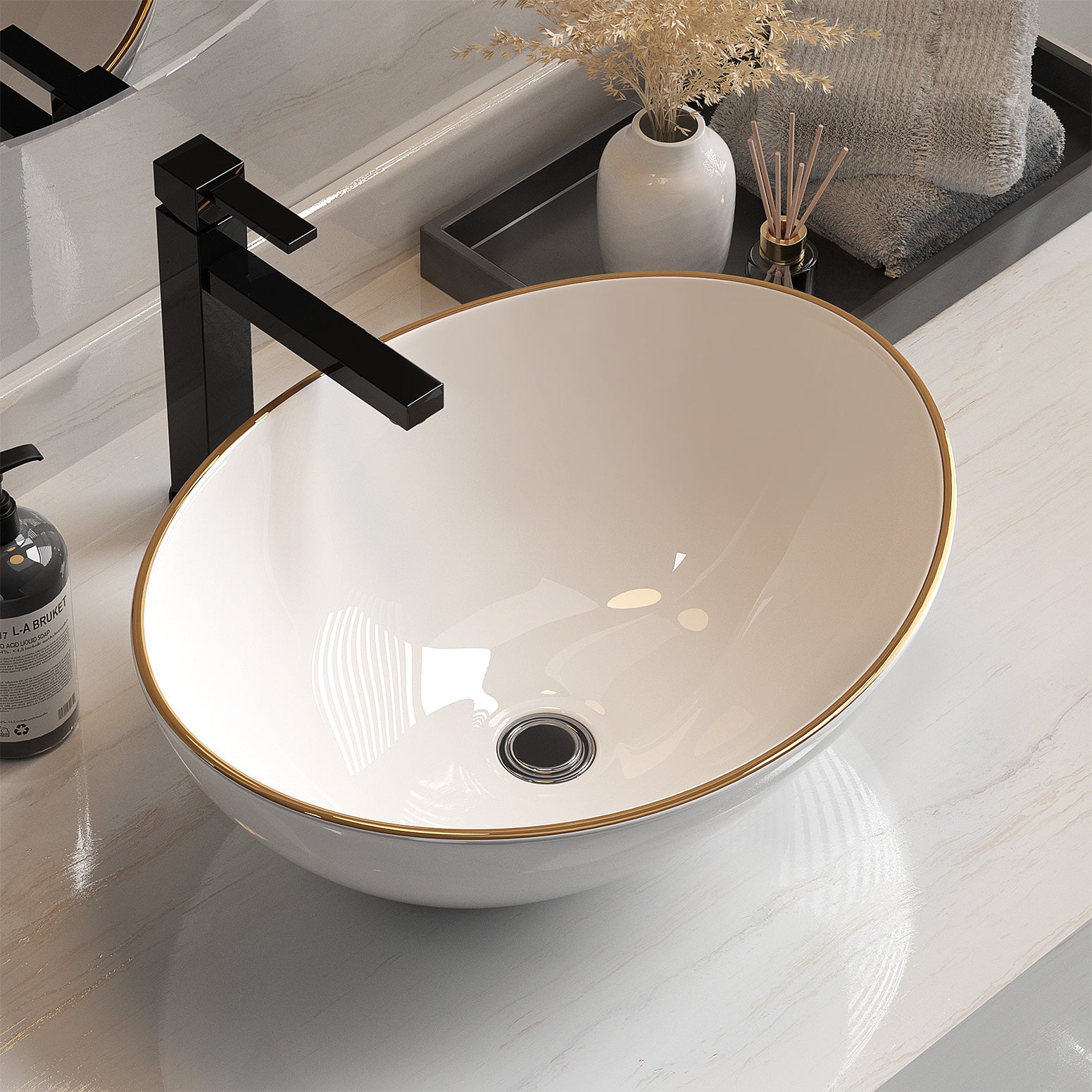 Cefito Bathroom Basin Ceramic Vanity Sink Hand Wash Bowl Gold Line 41x34cm-Furniture > Bathroom > Sinks-PEROZ Accessories