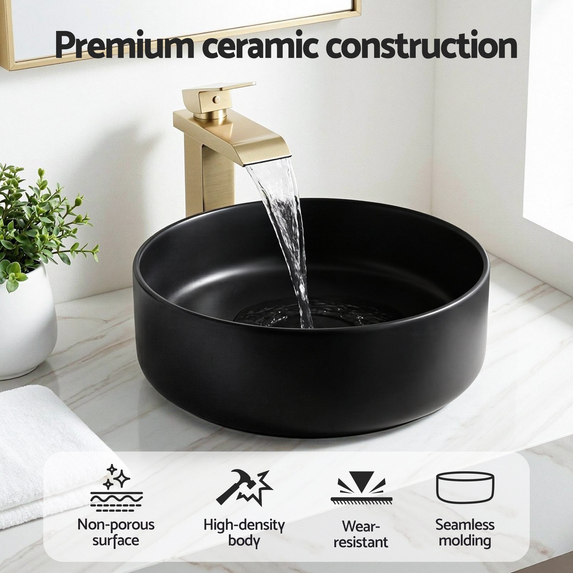 Cefito Bathroom Basin Ceramic Vanity Sink Vessel Bowl Wash Matte Black Round Countertop-Furniture > Bathroom > Sinks-PEROZ Accessories