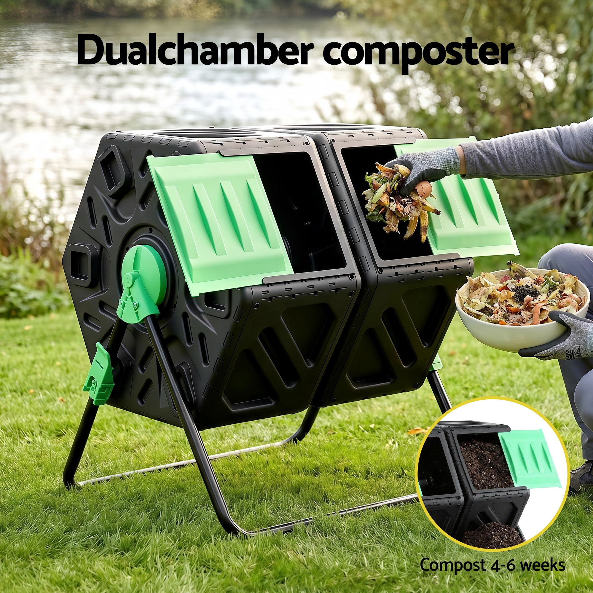 Gardeon Compost Bin Dual-Chamber 130L Composter Tumbler Rotating Garden Recycle Food Waste-Home & Garden > Garden Tools > Gardening Accessories-PEROZ Accessories