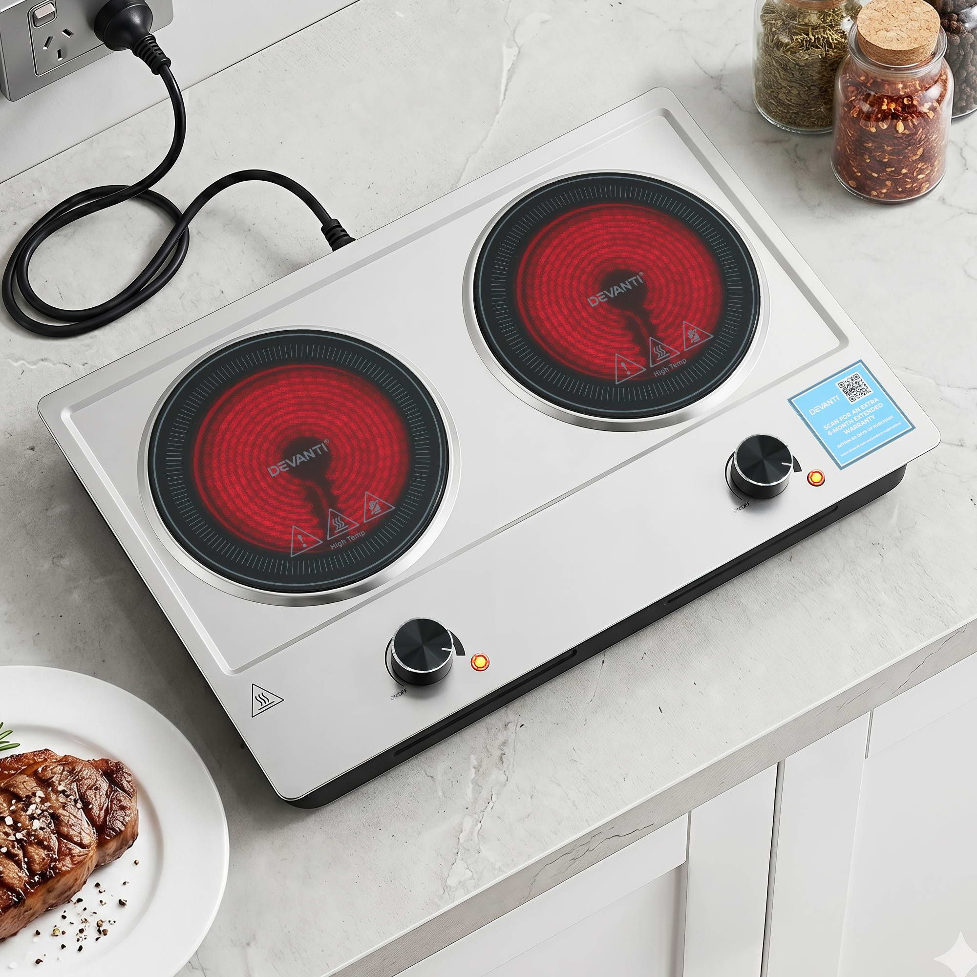 Devanti 2 Hobs Ceramic Cooktop Electric Hot Plate Infrared Knob Control 2400W-Appliances > Kitchen Appliances > Cooktops & Stoves-PEROZ Accessories