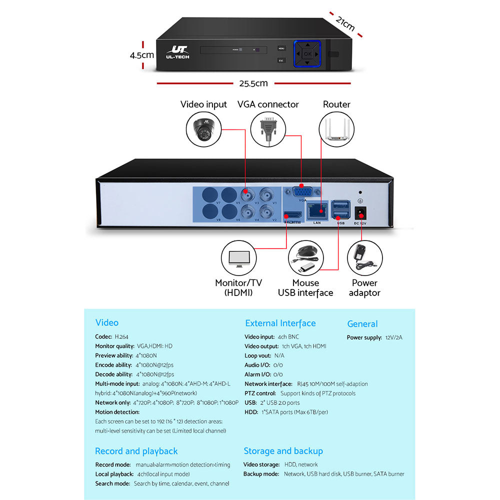 UL-tech CCTV Security System 4CH DVR 4 Cameras 1TB Hard Drive-CCTV-PEROZ Accessories