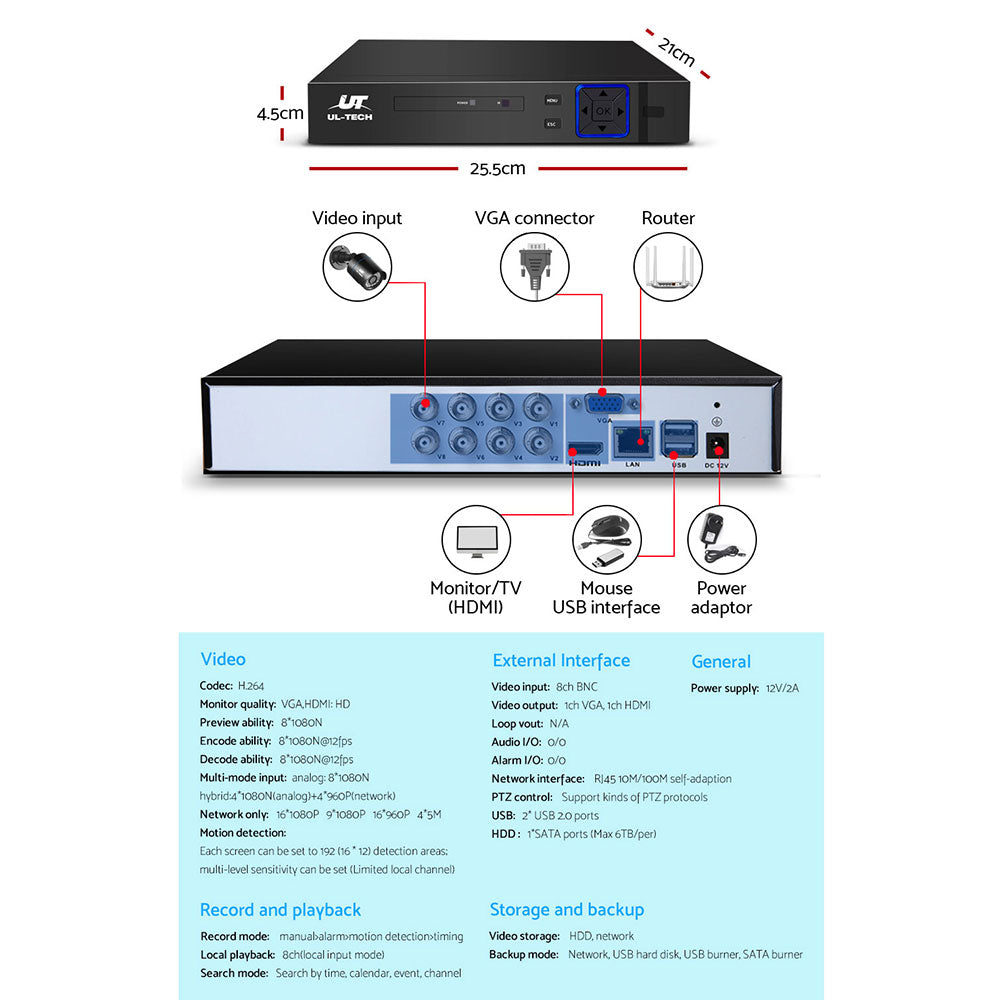UL-tech CCTV Security System 8CH DVR 4 Cameras 1TB Hard Drive-CCTV-PEROZ Accessories