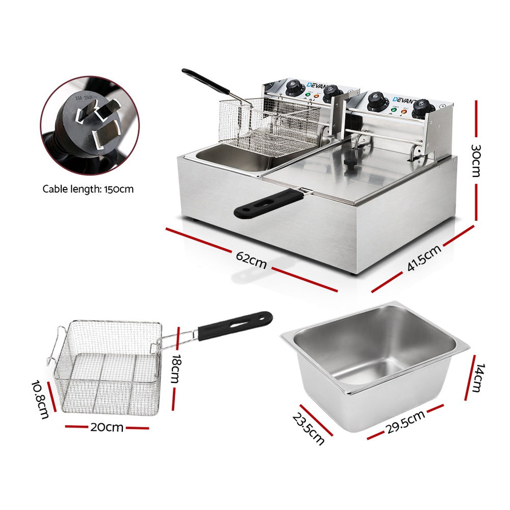 Devanti 20L Electric Commercial Deep Fryer Double Baskets 4400W-Appliances > Kitchen Appliances-PEROZ Accessories