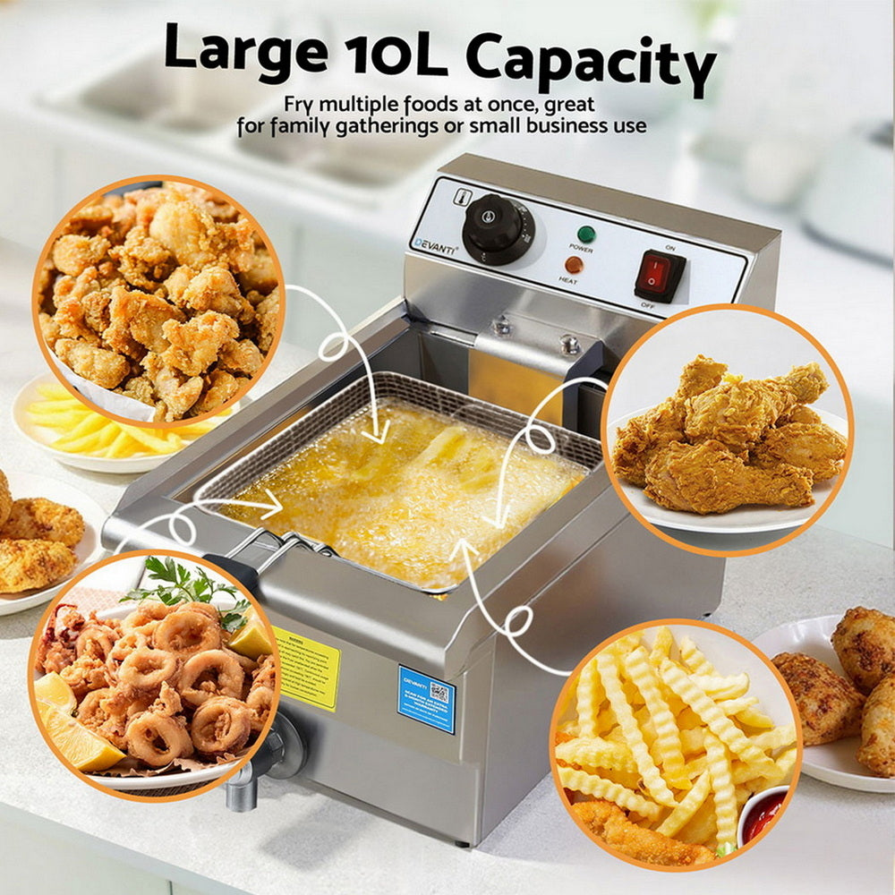 Devanti 3000W Electric Deep Fryer 10L Stainless Steel Fryer w/ Basket & Lid-Appliances > Kitchen Appliances > Deep Fryers-PEROZ Accessories