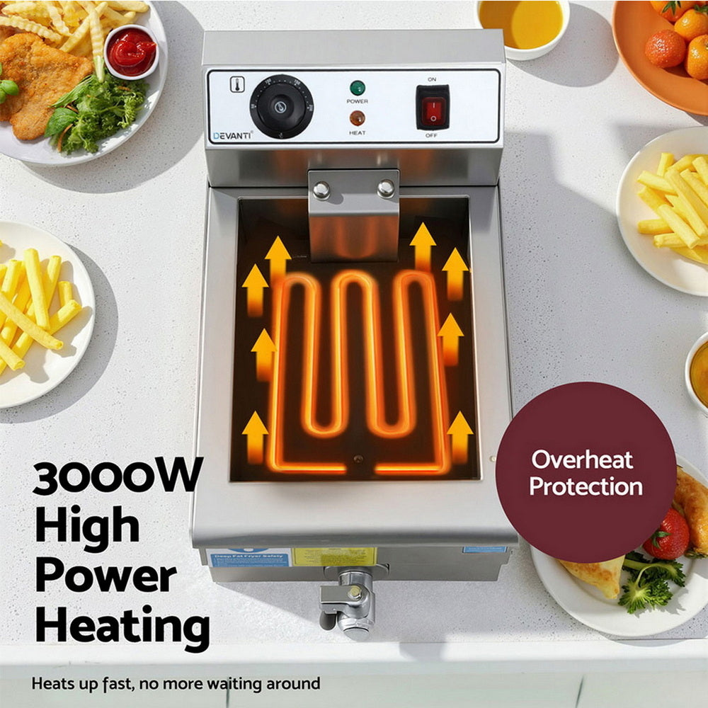 Devanti 3000W Electric Deep Fryer 10L Stainless Steel Fryer w/ Basket & Lid-Appliances > Kitchen Appliances > Deep Fryers-PEROZ Accessories